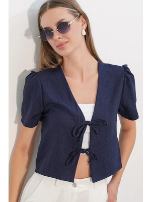 Hiccup Kadınlar Bdart Dokulu V-Yaka Keten Karışımlı Crop Top Lacivert