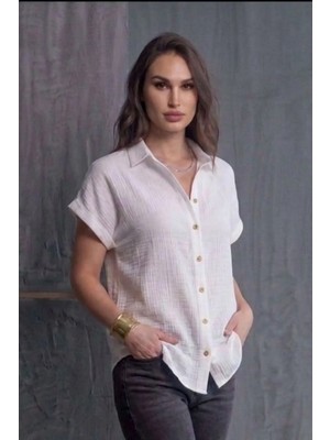 Kozz Style Kadın Müslin Yaka Patlı Tam Düğmeli Gömlek Beyaz