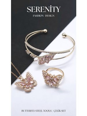 Serenity Pembe Zirkon Taşlı Kelebek Çelik 3 Lü Set