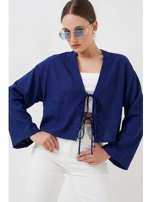 Hiccup Kadınlar Bdart Keten Karışımlı Bağlama Detaylı Uzun Kollu Kimono Kobalt Mavisi