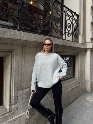 Trendparis Oversize Bisiklet Yaka Yumuşak Dokulu Triko Kazak Gri