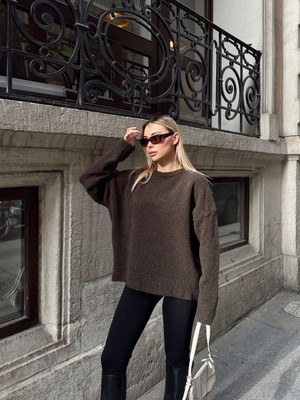 Trendparis Oversize Bisiklet Yaka Yumuşak Dokulu Triko Kazak Kahverengi