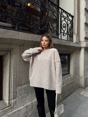 Trendparis Oversize Bisiklet Yaka Yumuşak Dokulu Triko Kazak Ekru