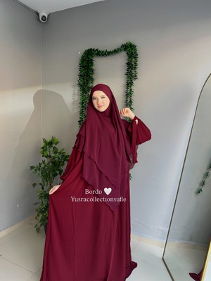 Yüsra Collection Tesettür Liza Kol Bağlama Elbise ve Uzun Boy 3 Katlı Sufle 2'li Takım