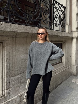Trendparis Oversize Bisiklet Yaka Yumuşak Dokulu Triko Kazak Antrasit