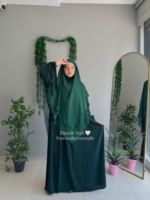 Yüsra Collection Tesettür Liza Kol Bağlama Elbise ve Uzun Boy 3 Katlı Sufle 2'li Takım