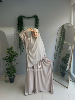Yüsra Collection Tesettür Liza Kol Bağlama Elbise ve Uzun Boy 3 Katlı Sufle 2'li Takım