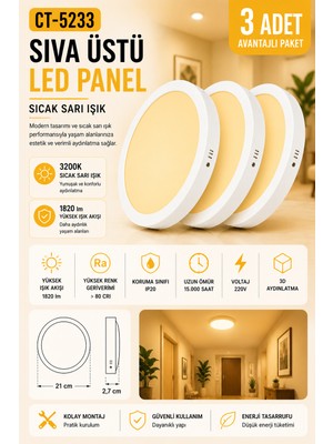 Yenilig 3 Adet CT-5233 Sıva Üstü LED Panel 18W Beyaz Kasa – 21 cm Çap 2,7 cm