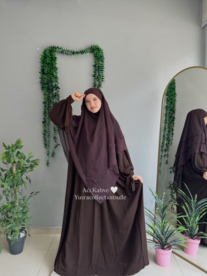 Yüsra Collection Tesettür Liza Kol Bağlama Elbise ve Uzun Boy 3 Katlı Sufle 2'li Takım