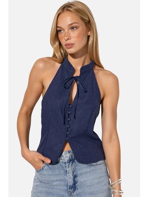 Hiccup Kadınlar Qipao Halter Yaka Düğmeli Top Lacivert
