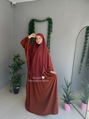 Yüsra Collection Tesettür Liza Kol Bağlama Elbise ve Uzun Boy 3 Katlı Sufle 2'li Takım