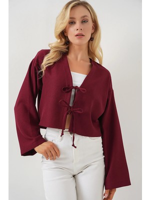Hiccup Kadınlar Bdart Keten Karışımlı Bağlama Detaylı Uzun Kollu Kimono Bordo Kırmızı