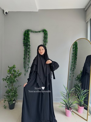 Yüsra Collection Tesettür Liza Kol Bağlama Elbise ve Uzun Boy 3 Katlı Sufle 2'li Takım