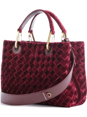 Emporio Armani Kadın Çıkarılabilir Omuz Askılı Desenli Kadife Bordo Omuz Çantası EW000361 AF28253-UA318