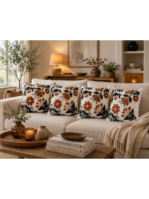 Velnox Bohem Çiçek Desenli Punch Görünümlü Kiremit Siyah 4'lü Set Dekoratif Kırlent Kılıfı 43X43 cm - Dijital Baskılı Yastık Kılıfı