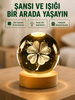 Nemere Ithalat Yonca Figürlü Cam Küre USB Işıklı Ahşap Tabanlı Dekoratif Masa Lambası