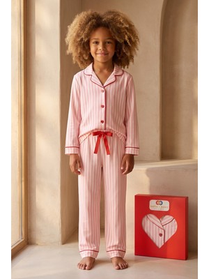 Bony Socks Kız Çocuk Kalpli Kutulu Çizgili Pijama Takımı Pembe