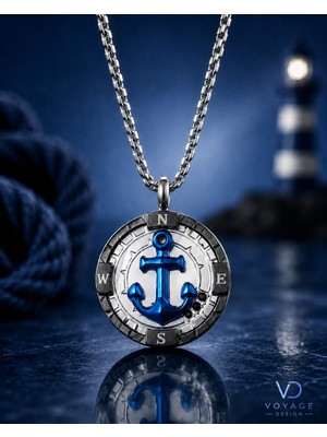 Voyage Accessory Paslanmaz Titanyum Çelik Marine Tasarım Navy Blue Mavi Çapa Kolye