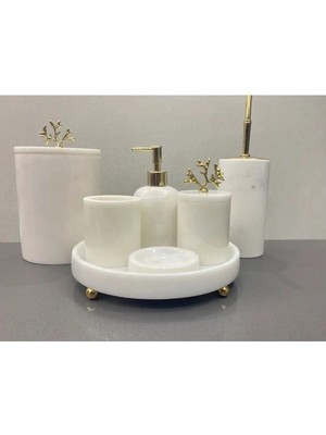 Beyaz Afyon Mermer Banyo Seti -Gold Top Ayaklı Mercan Aksesuar Detaylı