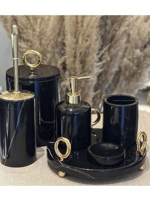 Dekoratif Siyah Mermer Gold Halka Detaylı 7 Li Banyo Seti Takımı