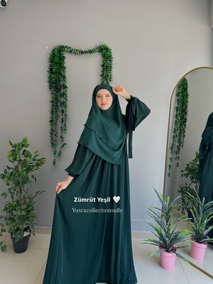 Yüsra Collection Tesettür Liza Kol Bağlama Elbise ve Kısa Boy 3 Katlı Sufle 2'li Takım