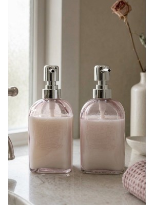 Countra 2’li Pembe Cam Sıvı Sabunluk Seti – Metal Pompalı Banyo ve Mutfak Sabun Dispenseri 500 ml