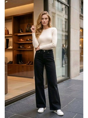 Hies Kadın Jeans Bol Paça Yüksek Bel Likralı Salaş Palazzo Kot Pantolon