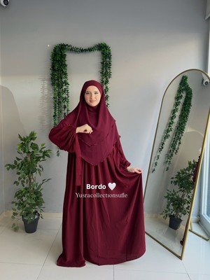 Yüsra Collection Tesettür Liza Kol Bağlama Elbise ve Kısa Boy 3 Katlı Sufle 2'li Takım