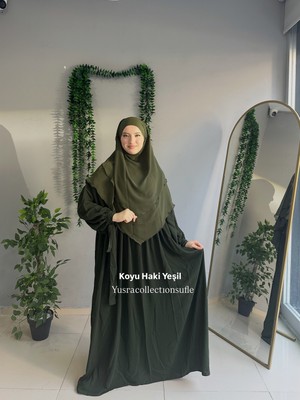 Yüsra Collection Tesettür Liza Kol Bağlama Elbise ve Kısa Boy 3 Katlı Sufle 2'li Takım