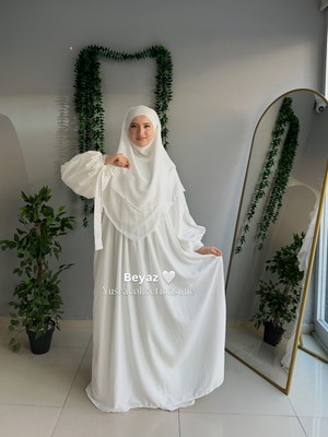 Yüsra Collection Tesettür Liza Kol Bağlama Elbise ve Kısa Boy 3 Katlı Sufle 2'li Takım