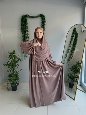Yüsra Collection Tesettür Liza Kol Bağlama Elbise ve Kısa Boy 3 Katlı Sufle 2'li Takım