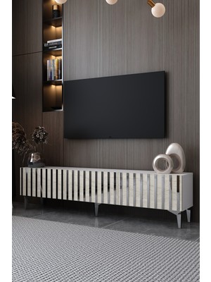 Dekortis Home Dekor 180DHDTS6BTG Aden Pleksi Desen Tv Sehpası Beyaz-Traverten-Gümüş