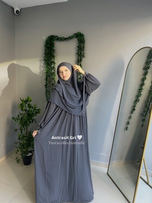 Yüsra Collection Tesettür Liza Kol Bağlama Elbise ve Kısa Boy 3 Katlı Sufle 2'li Takım