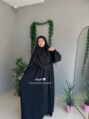 Yüsra Collection Tesettür Liza Kol Bağlama Elbise ve Kısa Boy 3 Katlı Sufle 2'li Takım