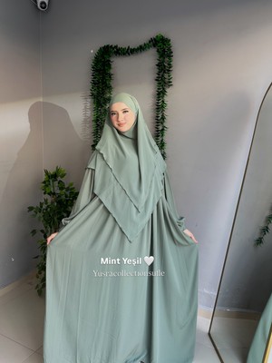 Yüsra Collection Tesettür Liza Kol Bağlama Elbise ve Kısa Boy 3 Katlı Sufle 2'li Takım
