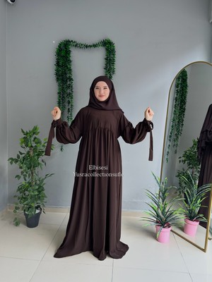 Yüsra Collection Tesettür Liza Kol Bağlama Elbise ve Kısa Boy 3 Katlı Sufle 2'li Takım