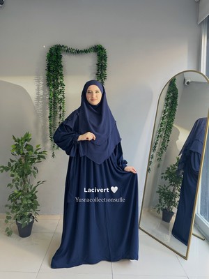 Yüsra Collection Tesettür Liza Kol Bağlama Elbise ve Kısa Boy 3 Katlı Sufle 2'li Takım
