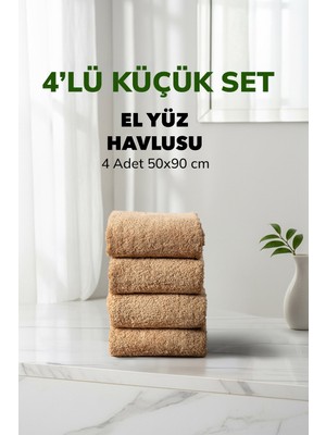 Cotto Home 4 lü Kareli Bej Renk Yumuşak Pamuk El Yüz Havlusu Seti 50x90 cm