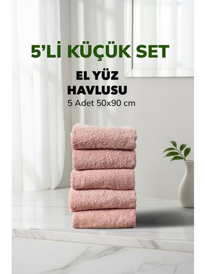 Cotto Home 5 li Kareli Pudra Renk Yumuşak Pamuk El Yüz Havlusu Seti 50x90 cm