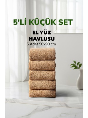 Cotto Home 5 li Kareli Bej Renk Yumuşak Pamuk El Yüz Havlusu Seti 50x90 cm