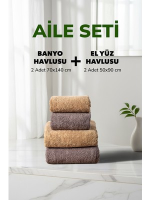 Cotto Home 4 lü Çizgili Fume Kahve Bej Aile Seti Yumuşak Pamuk El Yüz Banyo Havlu Seti 50x90 cm 70x140 cm