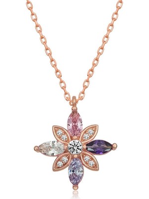 Hazego Gümüş Rose Mix Taşlı Umut Çiçeği Kolye