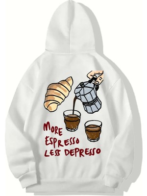 Brz Collection Unisex Oversize More Espresso Less Depresso Hoodıe (Beyaz)
