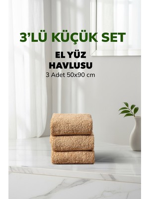 Cotto Home 3 lü Çizgili Bej Renk Yumuşak Pamuk El Yüz Havlusu Seti 50x90 cm