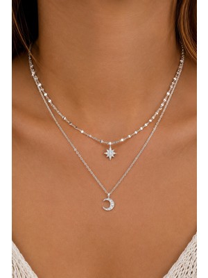 Trend Collection Kadın Gümüş Renk Kaplama 2’li Kolye Taşlı Ay Yıldız Figürlü Tasarım