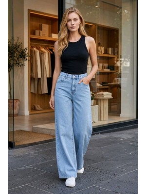Hies Kadın Jeans Bol Paça Yüksek Bel Likralı Salaş Palazzo Kot Pantolon