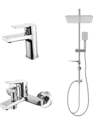 Creavit Luna Banyo Bataryası + Luna Lavabo Bataryası + Doppo Long Tepe Duş Sistemi Ikili Set