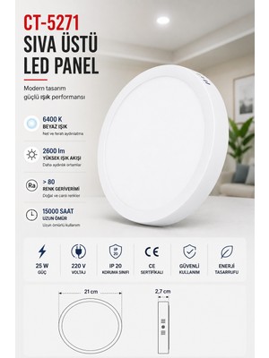 Yenilig CT-5271 Sıva Üstü LED Panel 25W Beyaz Kasa – 21 cm Çap 2,7 cm