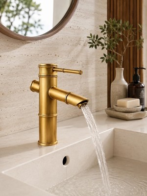 FUALORA Bambu Tasarım Eskitme Gold Lavabo Bataryası – Batarya Delikli Lavabolar Için