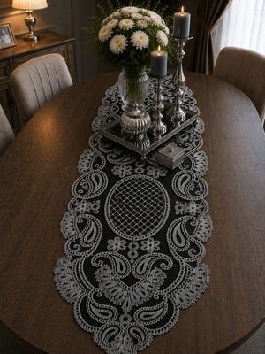Lena Maison Luna Siyah Tül Üzerine Nakış Işlemeli Runner 105 CMX35 cm